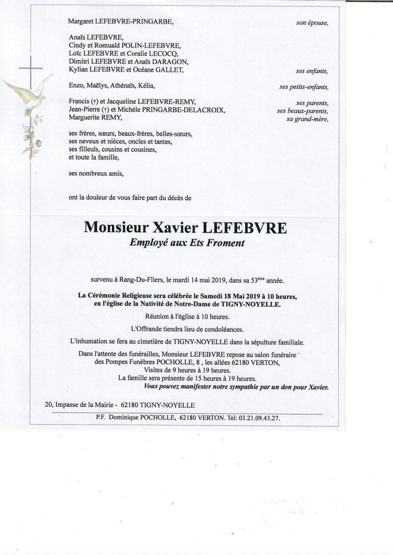Avis de décès Xavier LEFEBVRE