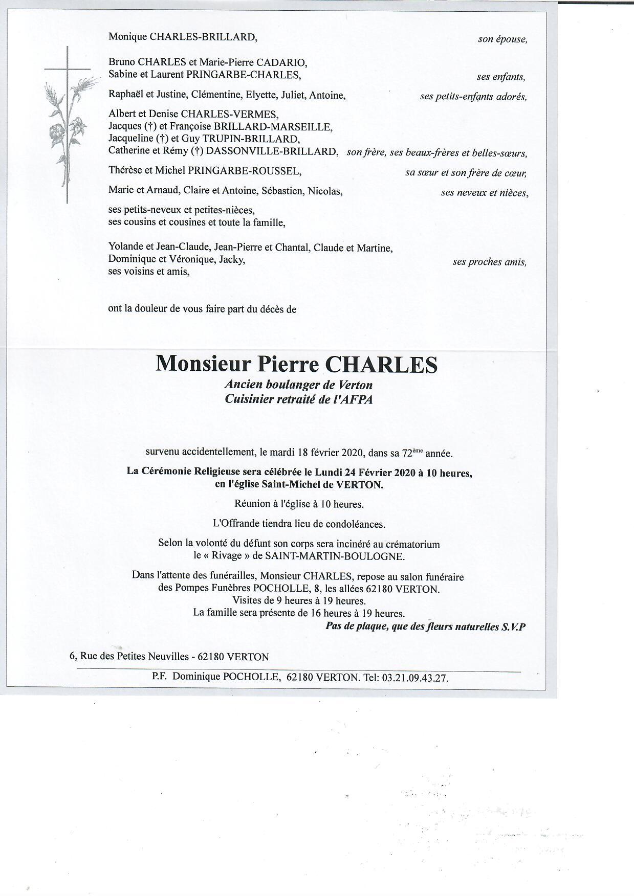 Avis de décès Pierre CHARLES