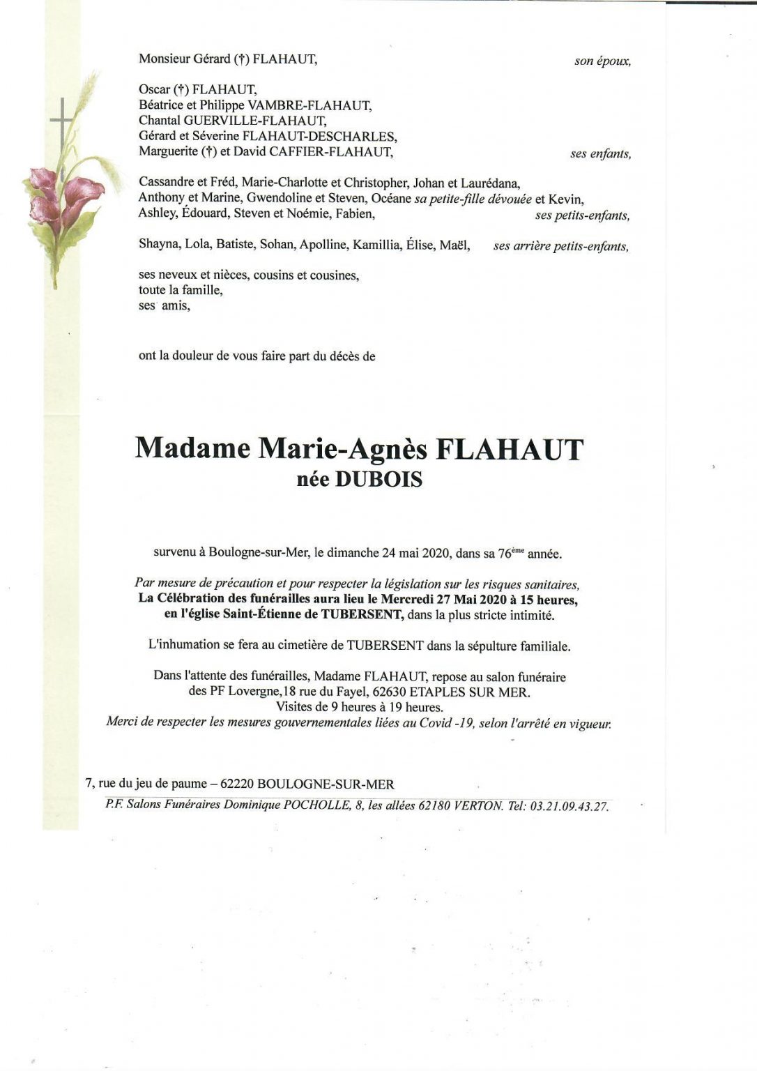 Avis de décès Marie-Agnès FLAHAUT née DUBOIS