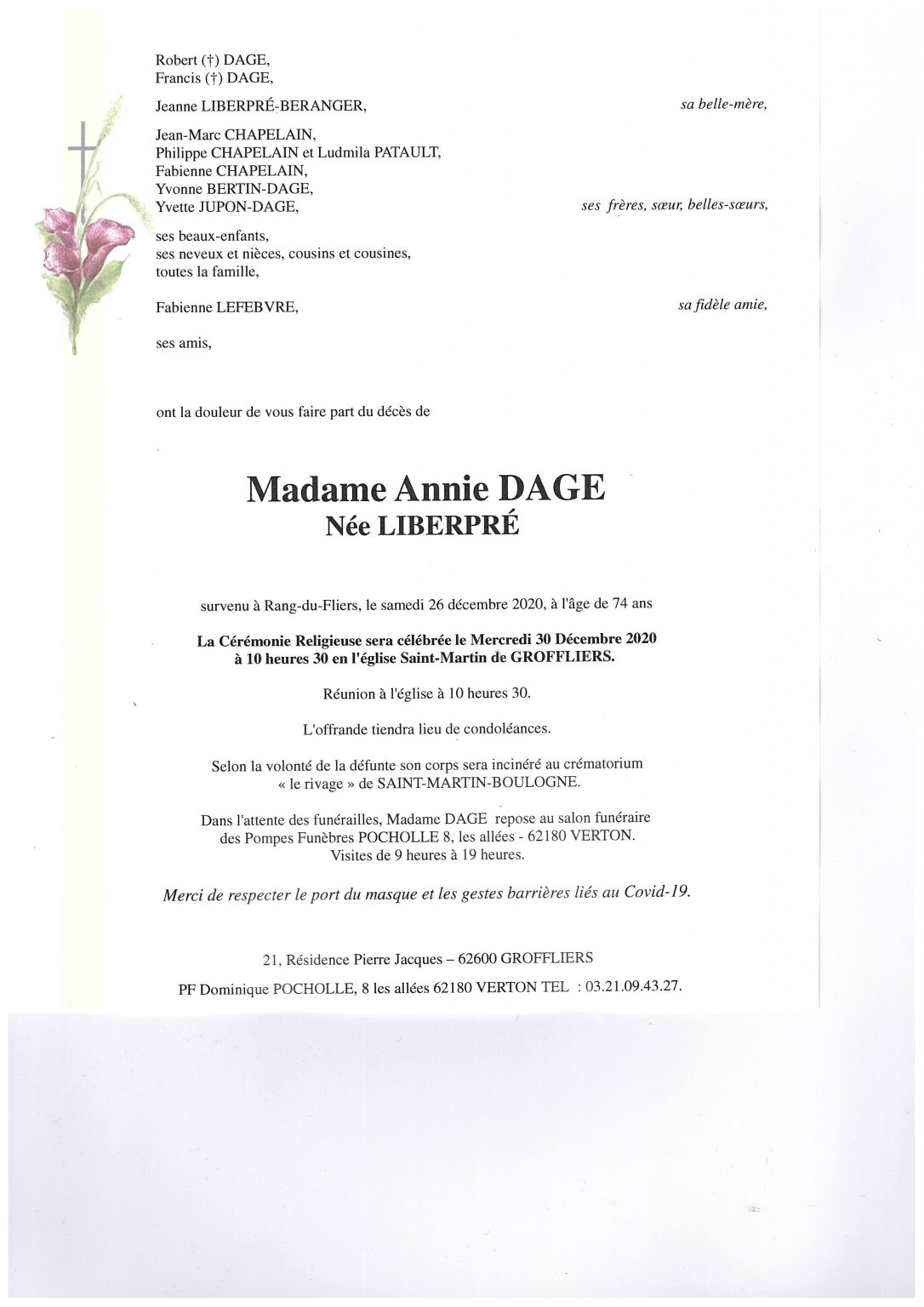 Avis de décès Annie DAGE née LIBERPRÉ