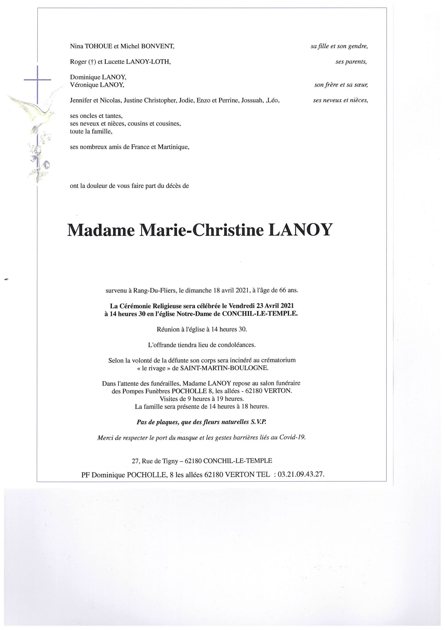 Avis de décès MarieChristine LANOY