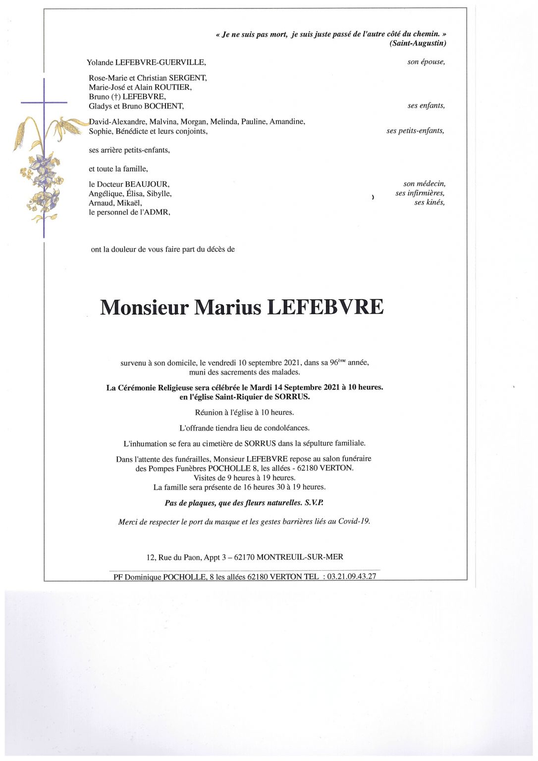 Avis de décès Marius LEFEBVRE