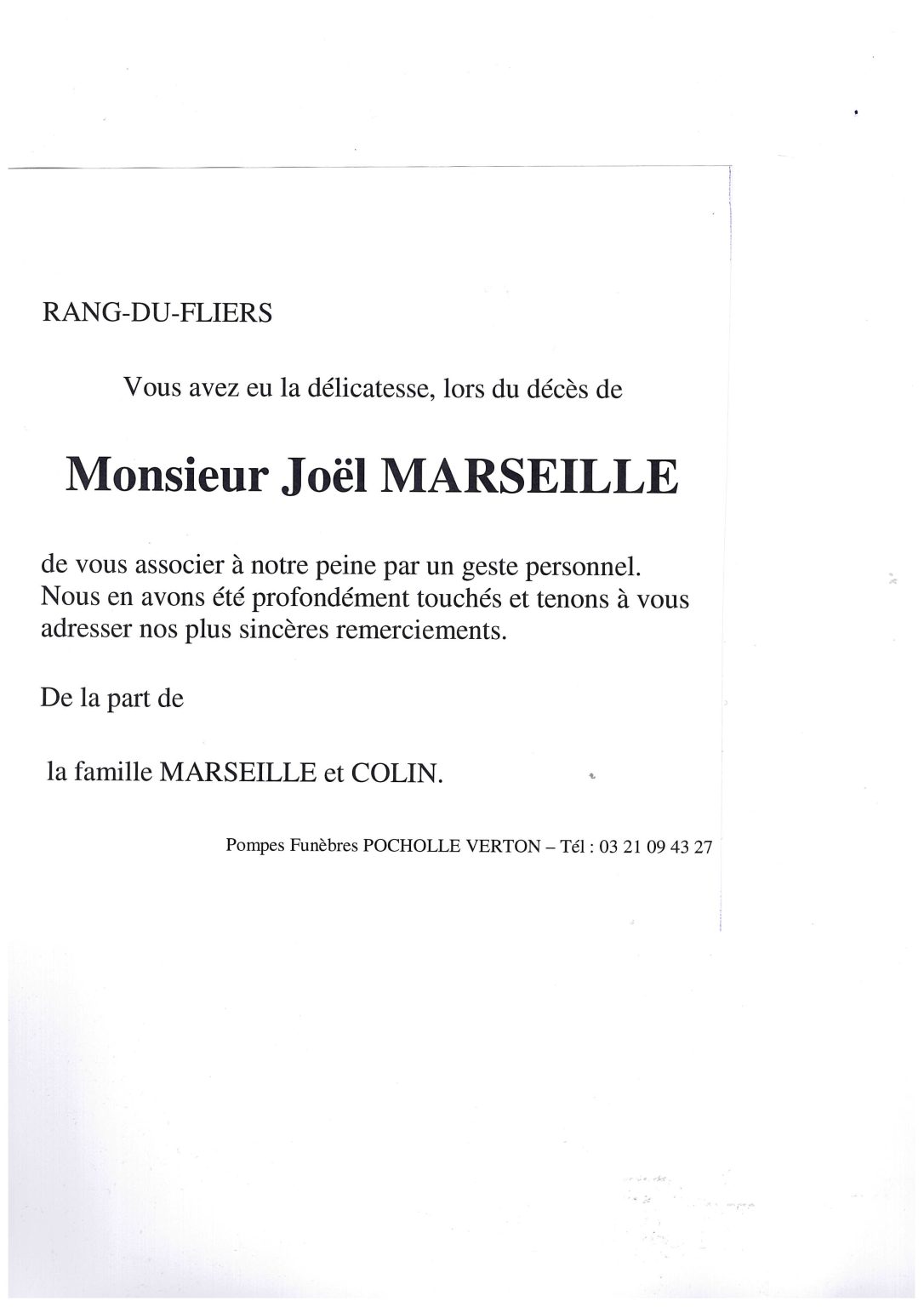 Avis de décès Remerciement Joël MARSEILLE
