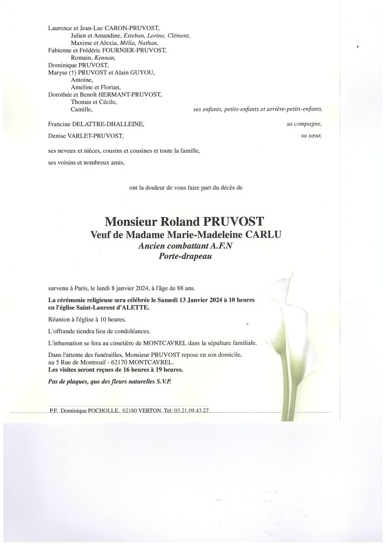 Avis de décès Roland PRUVOST